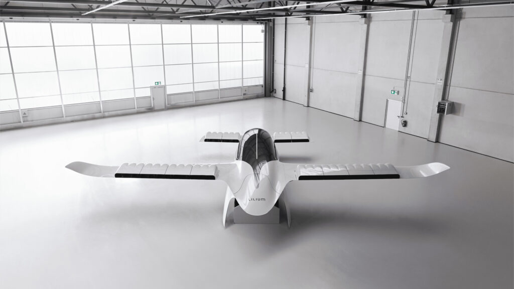 Lilium Jet prototype eVTOL aircraft parked inside a hangar